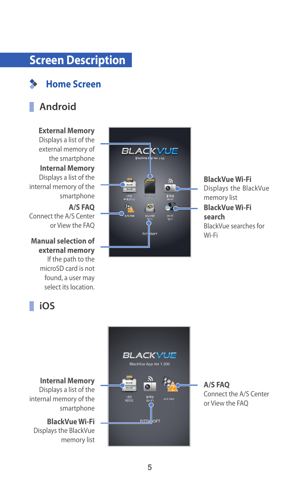 Screen description, Home screen android | BlackVue App V.2.00 User Manual | Page 5 / 21