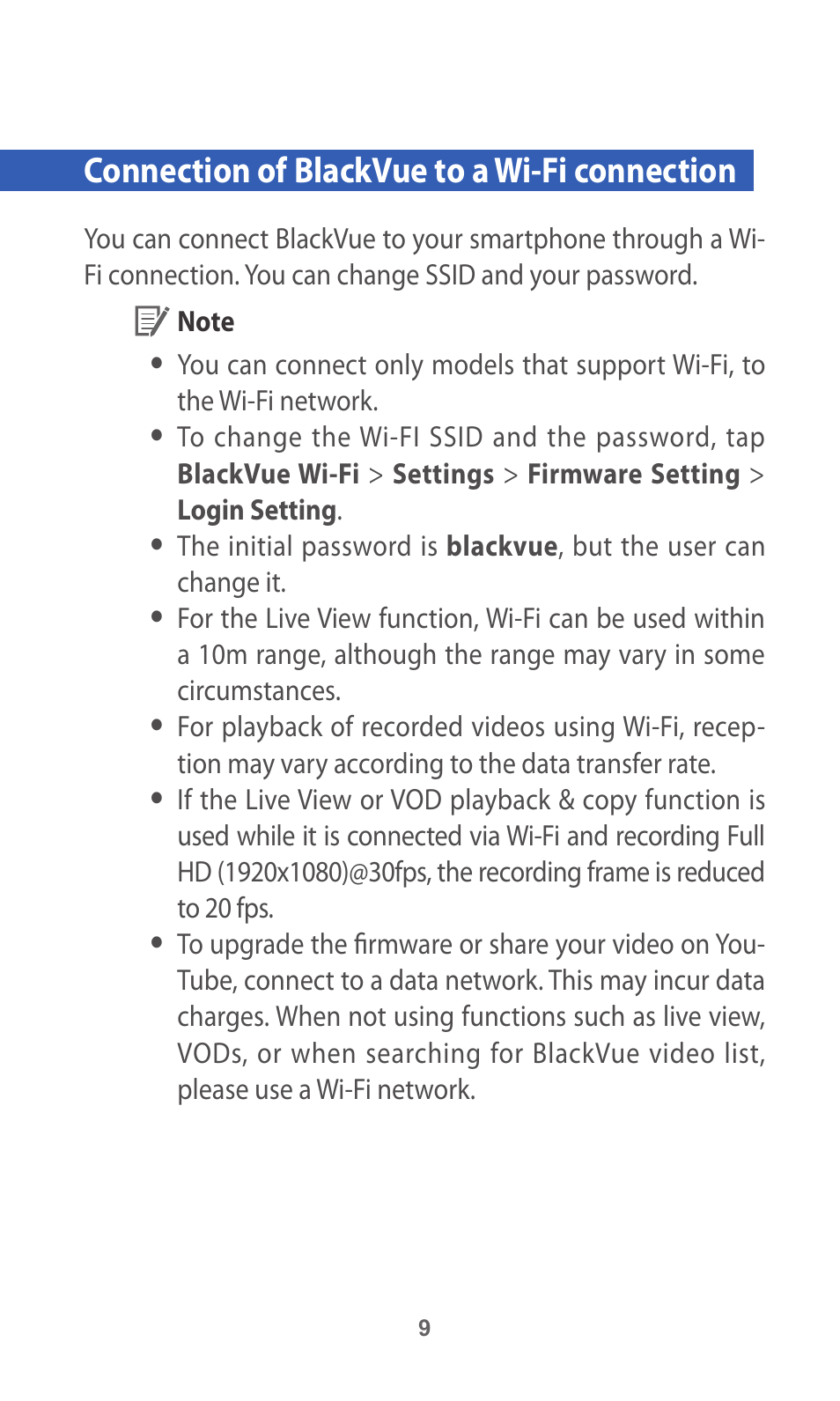Connection of blackvue to a wi-fi connection, Connection of blackvue to a | BlackVue App V.2.00 User Manual | Page 9 / 21