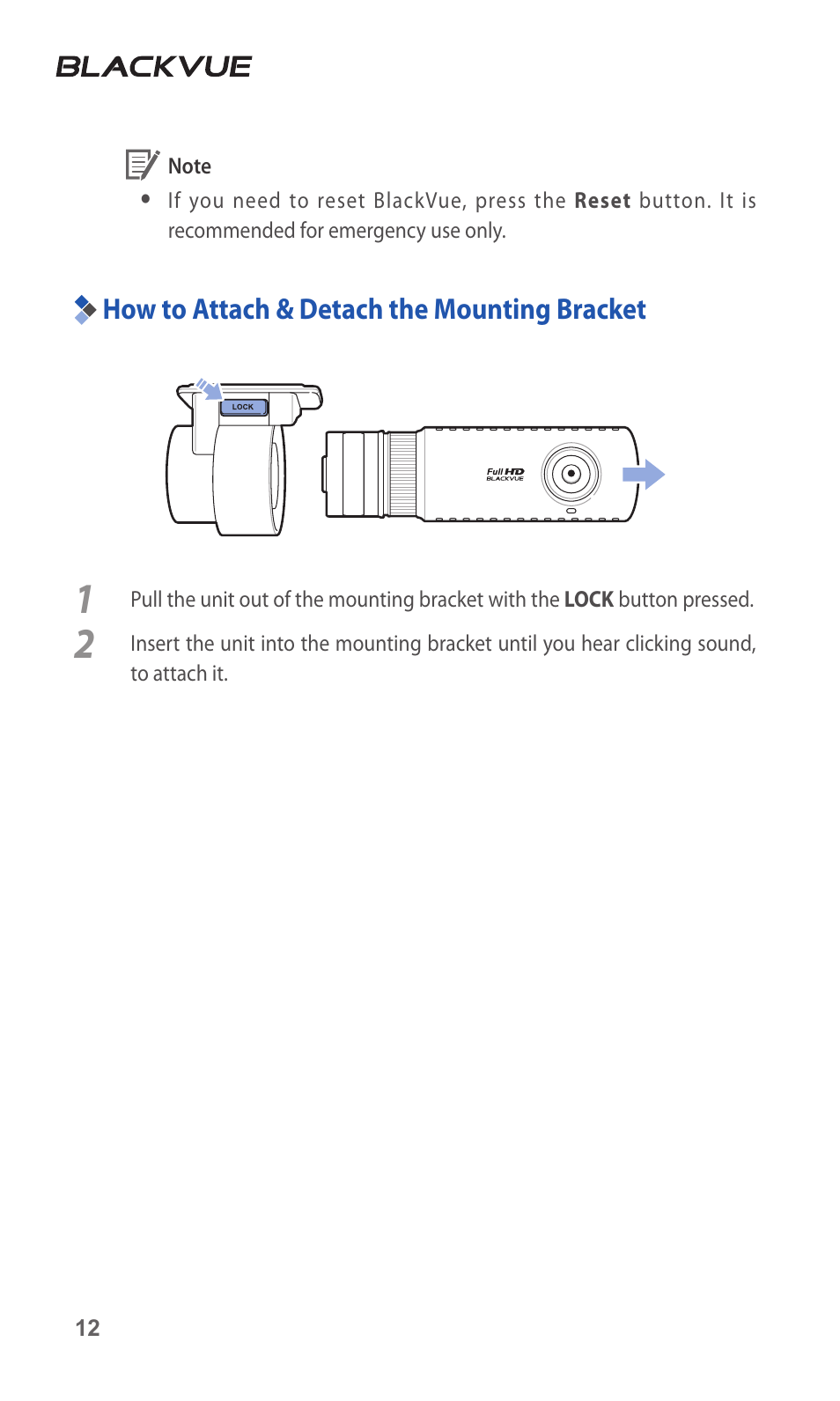 How to attach & detach the mounting bracket | BlackVue DR500-HD V2.00 User Manual | Page 13 / 44