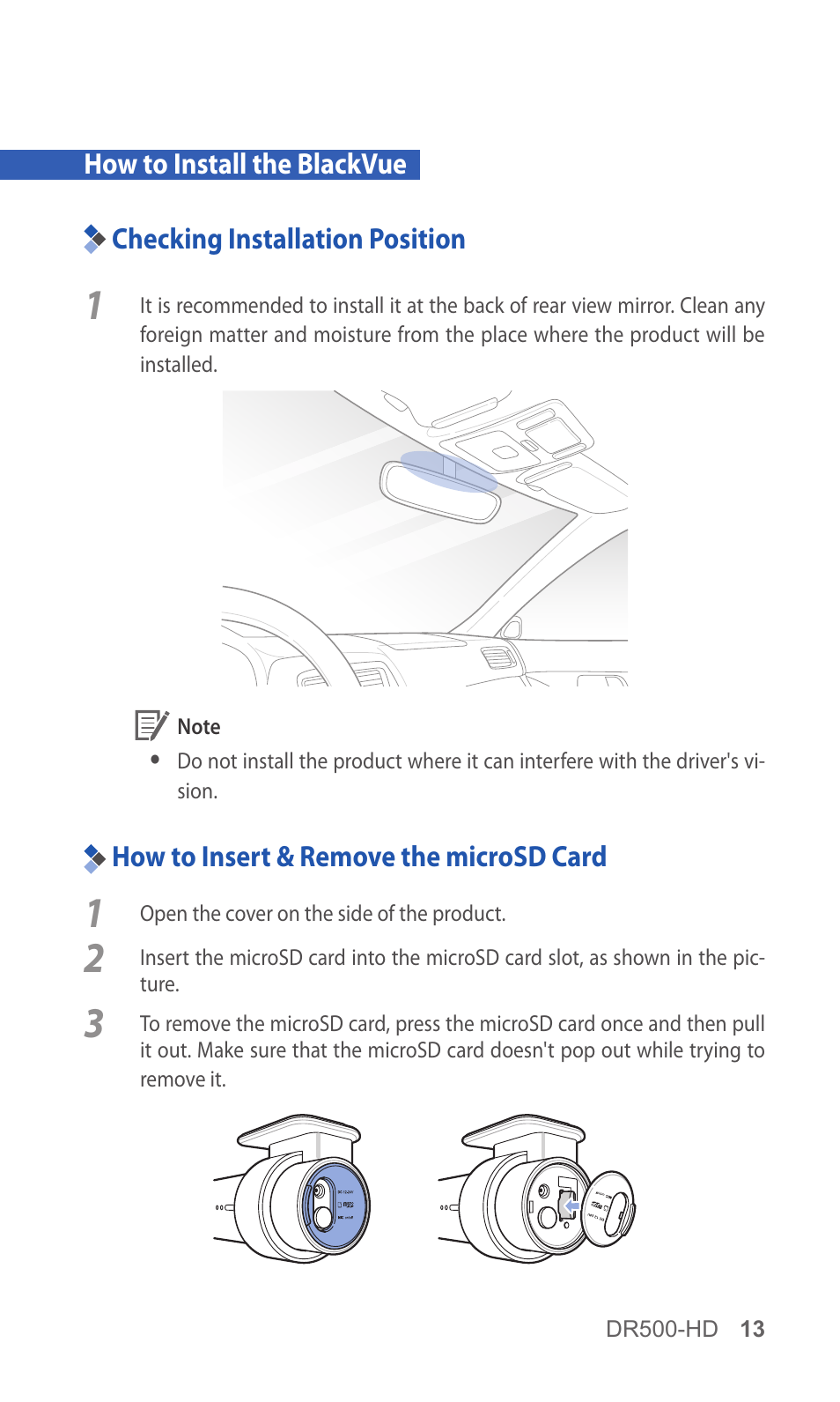 How to install the blackvue, Checking installation position, How to insert & remove the microsd card | BlackVue DR500-HD V2.00 User Manual | Page 14 / 44