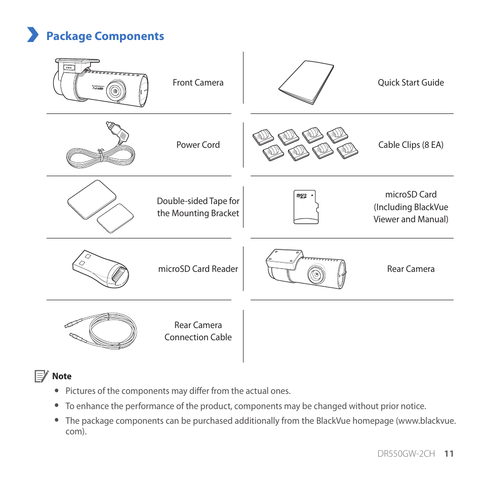 Package components | BlackVue DR550GW-2CH V2.03 User Manual | Page 11 / 52