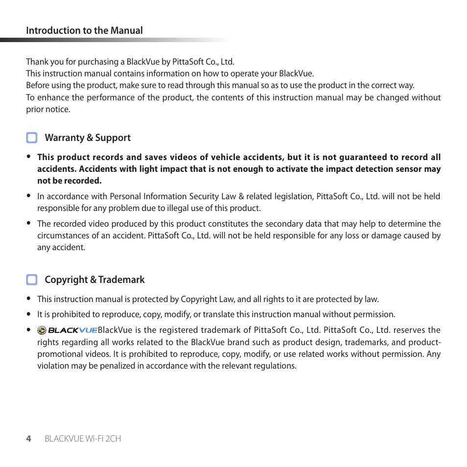 Introduction to the manual | BlackVue DR550GW-2CH V2.03 User Manual | Page 4 / 52