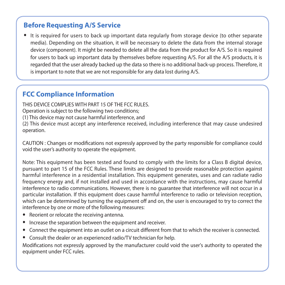 Before requesting a/s service, Fcc compliance information | BlackVue DR550GW-2CH V2.03 User Manual | Page 47 / 52
