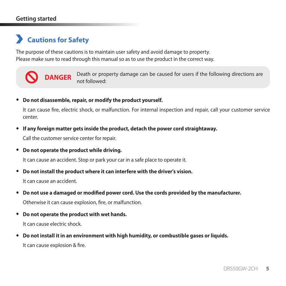 Getting started, Cautions for safety, Danger | BlackVue DR550GW-2CH V2.03 User Manual | Page 5 / 52