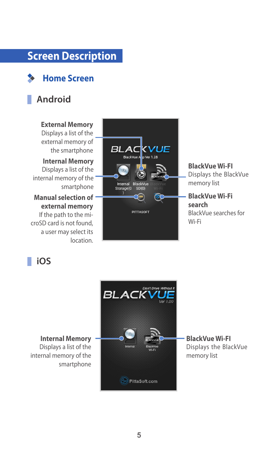 Screen description, Home screen android | BlackVue App V.1.01 User Manual | Page 5 / 18