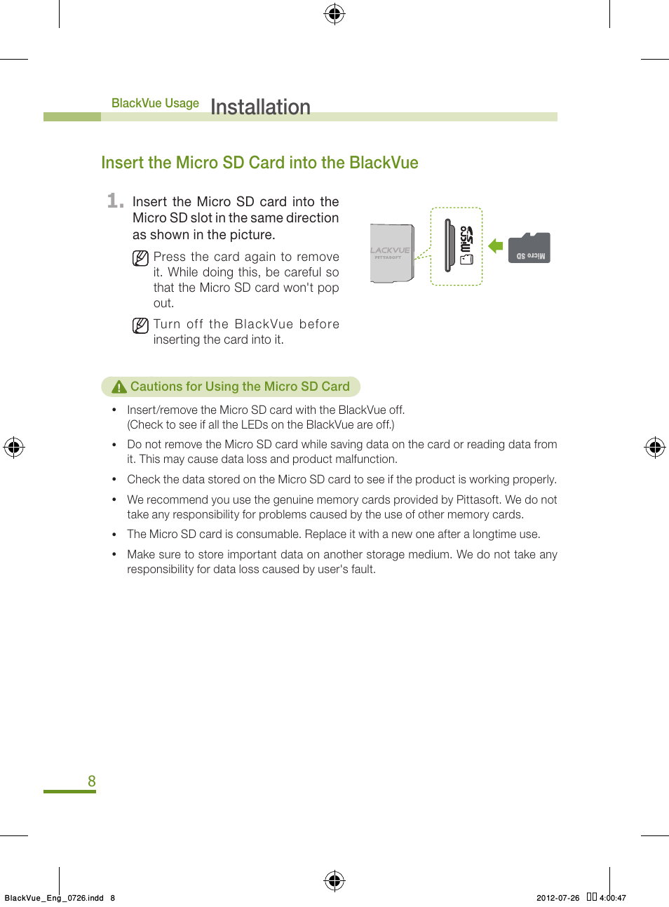 Installation, Insert the micro sd card into the blackvue | BlackVue Integrated V.2.00 User Manual | Page 10 / 44