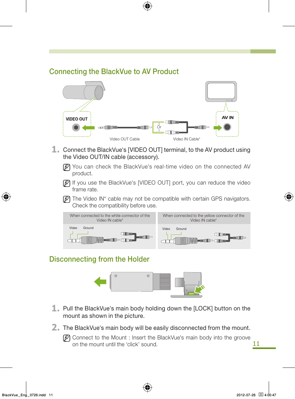 Connecting the blackvue to av product, Disconnecting from the holder | BlackVue Integrated V.2.00 User Manual | Page 13 / 44