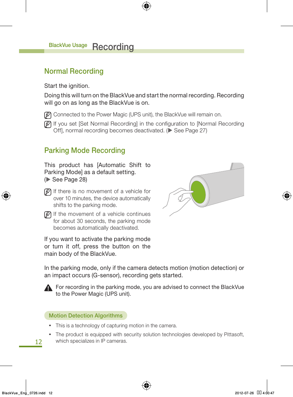 12 r, Recording, Normal recording | Parking mode recording | BlackVue Integrated V.2.00 User Manual | Page 14 / 44