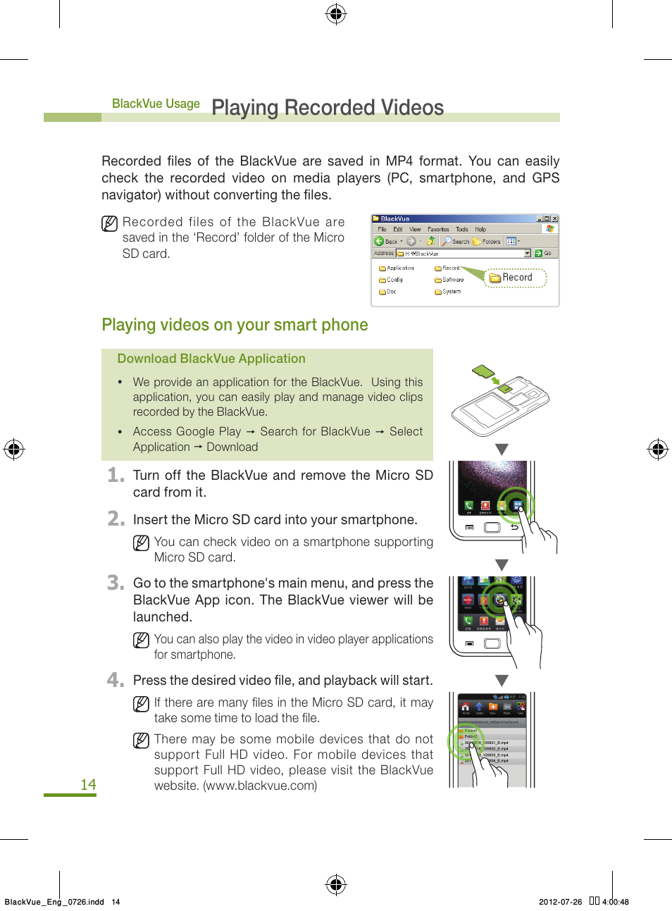 14 p, Playing recorded videos, Playing videos on your smart phone | BlackVue Integrated V.2.00 User Manual | Page 16 / 44