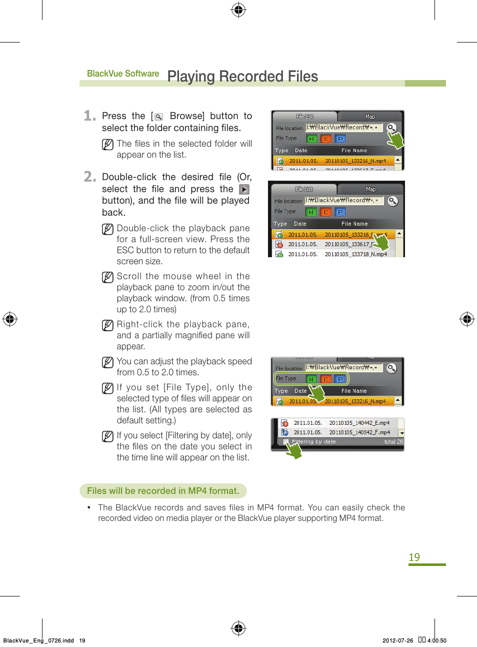 19 p, Playing recorded files | BlackVue Integrated V.2.00 User Manual | Page 21 / 44