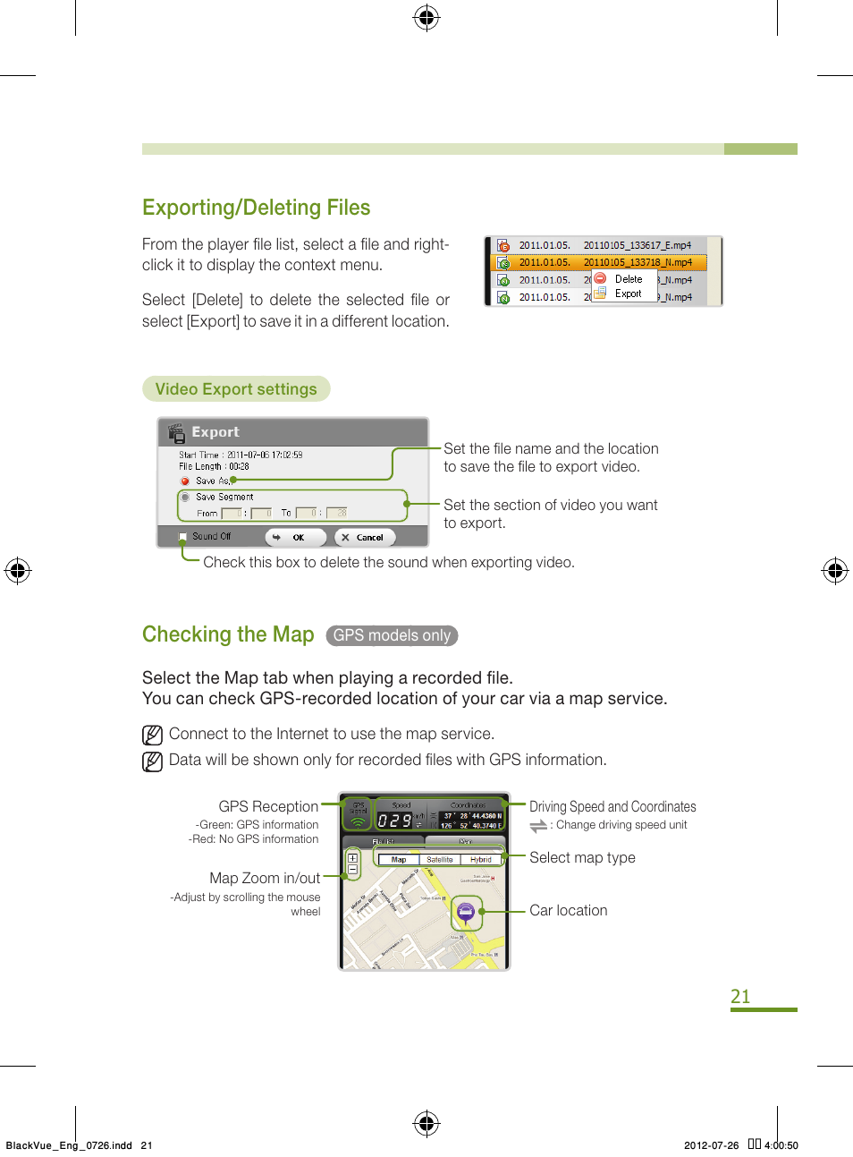 Exporting/deleting files, Checking the map | BlackVue Integrated V.2.00 User Manual | Page 23 / 44
