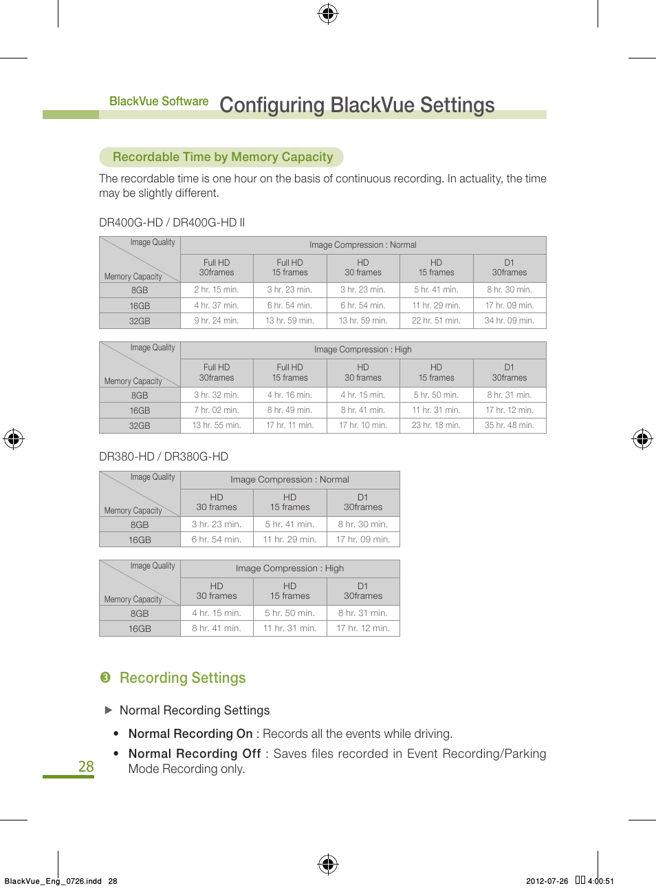 Configuring blackvue settings, Recording settings | BlackVue Integrated V.2.00 User Manual | Page 30 / 44