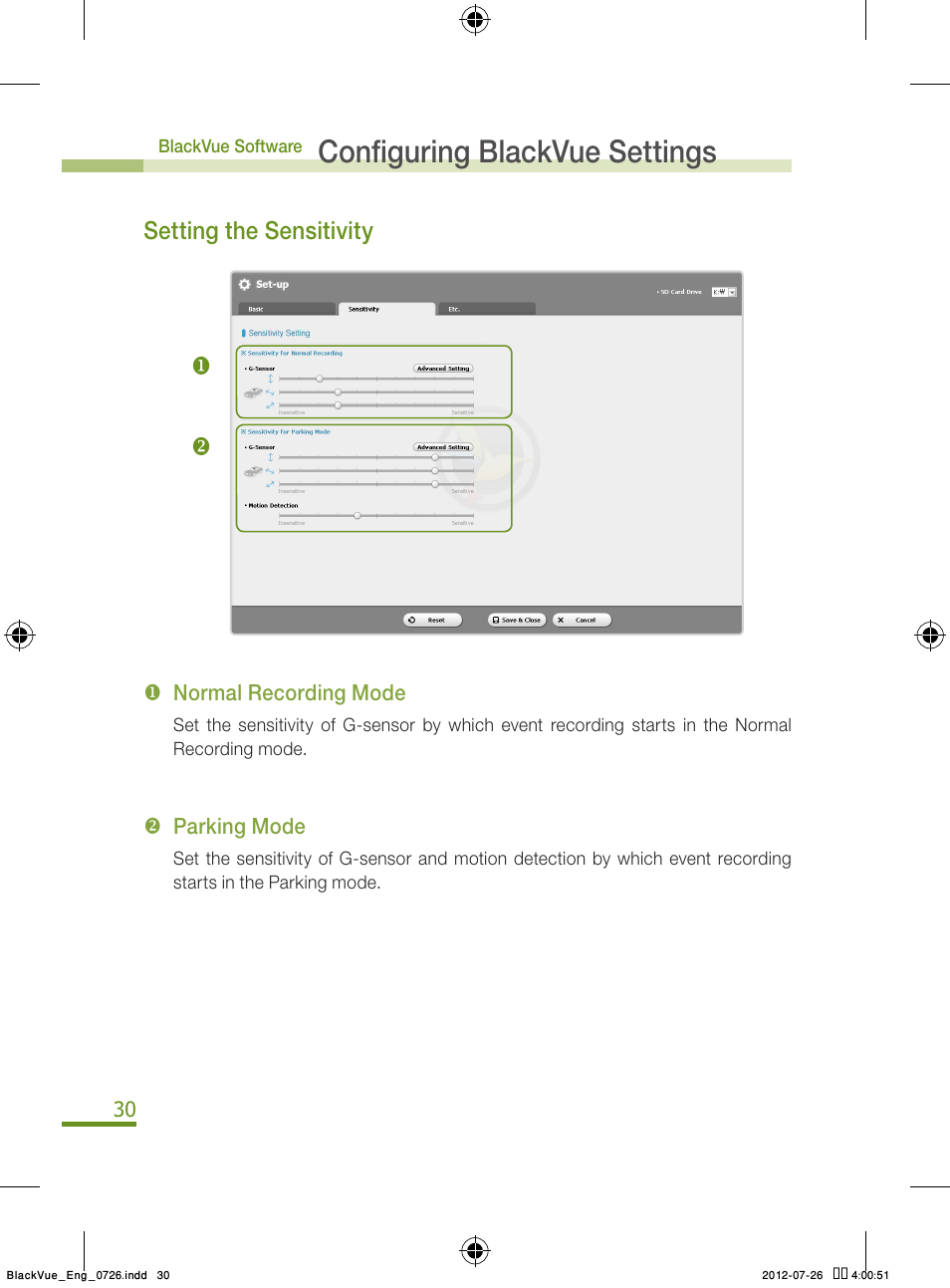 Configuring blackvue settings, Setting the sensitivity | BlackVue Integrated V.2.00 User Manual | Page 32 / 44