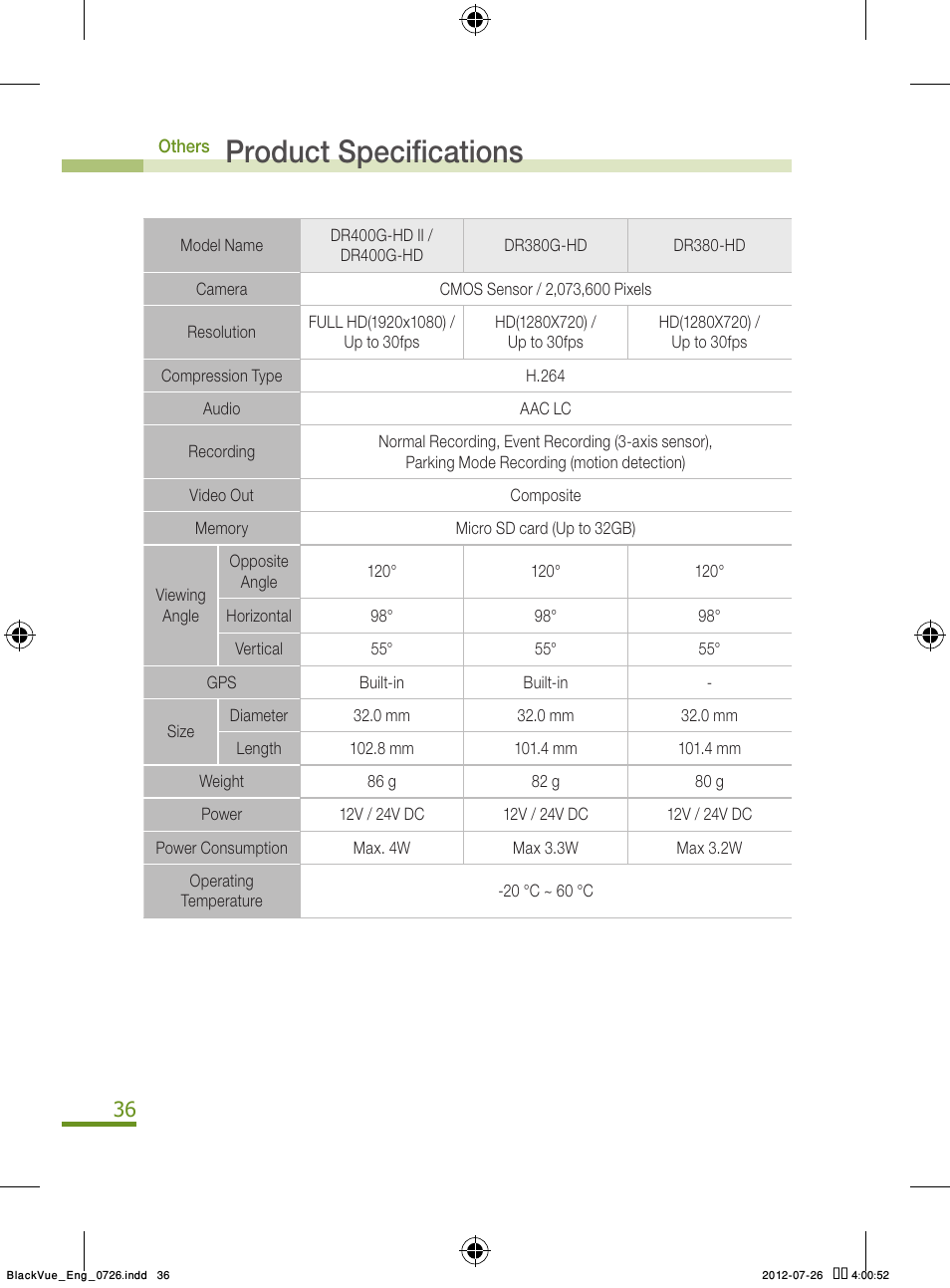 6 product specifications, Product specifications | BlackVue Integrated V.2.00 User Manual | Page 38 / 44