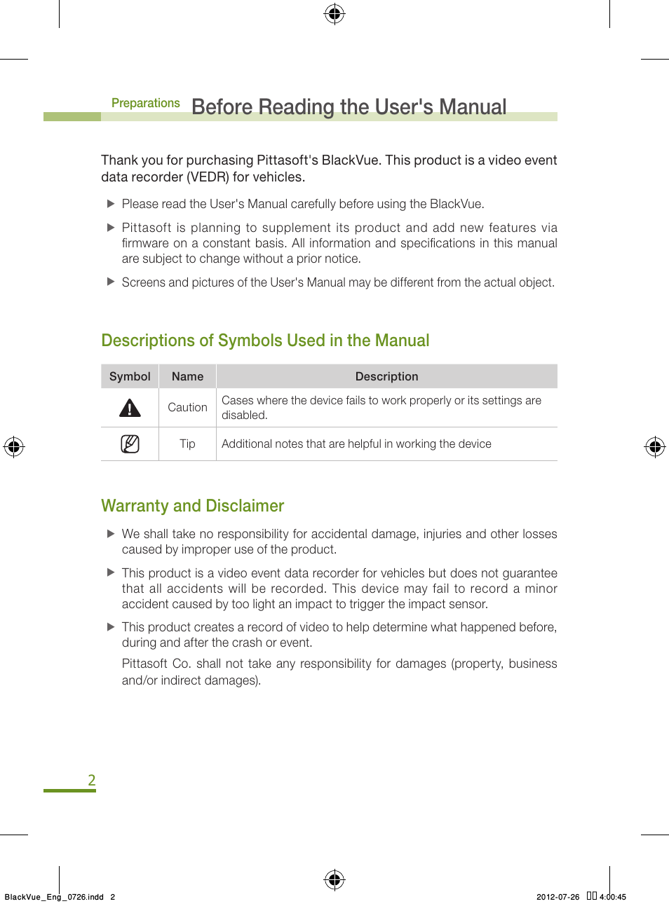 Before reading the user's manual, Descriptions of symbols used in the manual, Warranty and disclaimer | BlackVue Integrated V.2.00 User Manual | Page 4 / 44