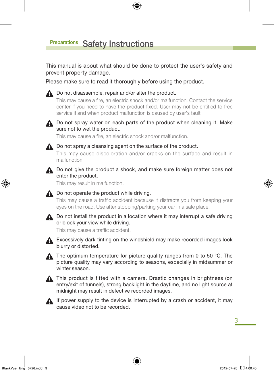 Safety instructions | BlackVue Integrated V.2.00 User Manual | Page 5 / 44