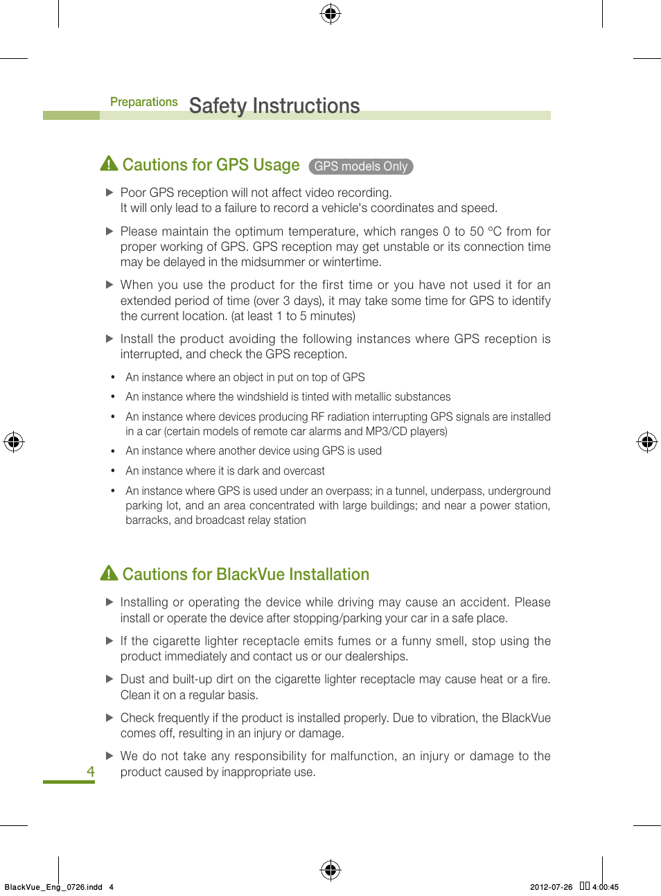 Safety instructions, Cautions for gps usage, Cautions for blackvue installation | BlackVue Integrated V.2.00 User Manual | Page 6 / 44