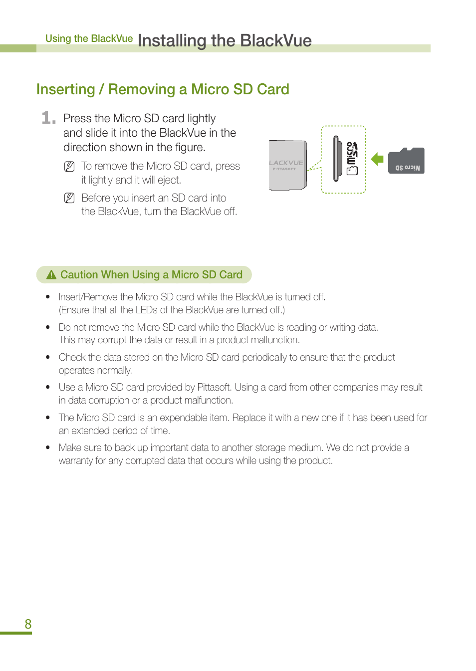 Installing the blackvue, Inserting / removing a micro sd card | BlackVue DR300G User Manual | Page 10 / 36