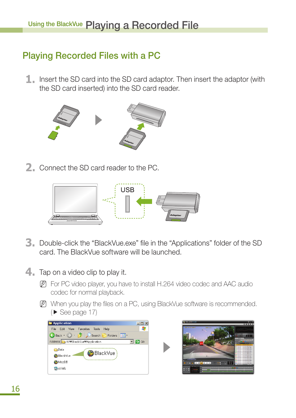 Playing a recorded file | BlackVue DR300G User Manual | Page 18 / 36