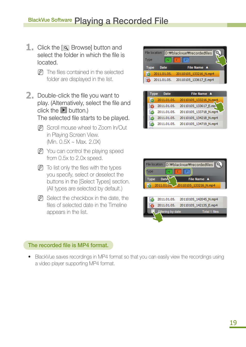 Playing a recorded file, Playing a recorded file 1 | BlackVue DR300G User Manual | Page 21 / 36