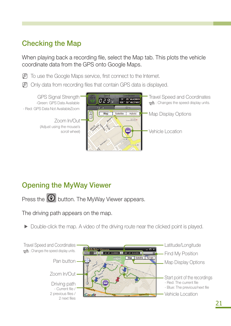 Saving as an image or video file / printing, Checking the map, Opening the myway viewer | BlackVue DR300G User Manual | Page 23 / 36