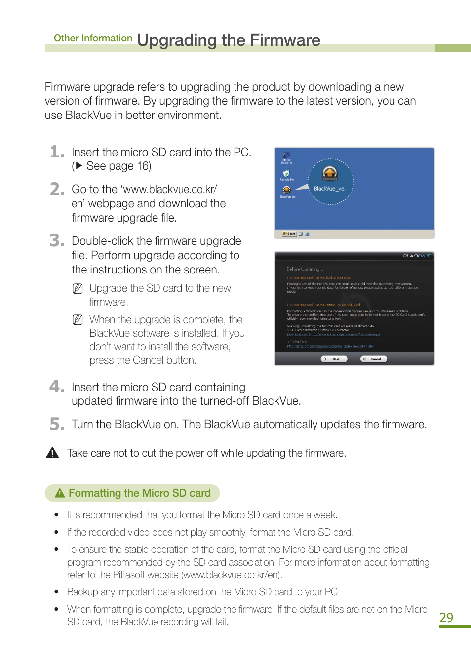 Upgrading the firmware, Product specifications | BlackVue DR300G User Manual | Page 31 / 36