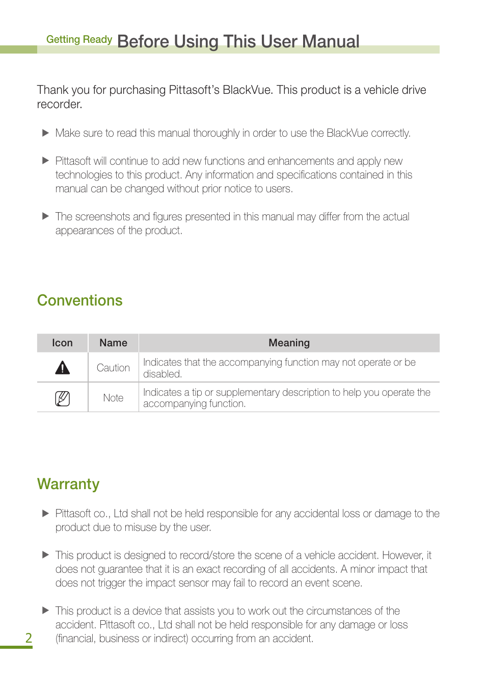 Before using this user manual, Conventions, Warranty | BlackVue DR300G User Manual | Page 4 / 36