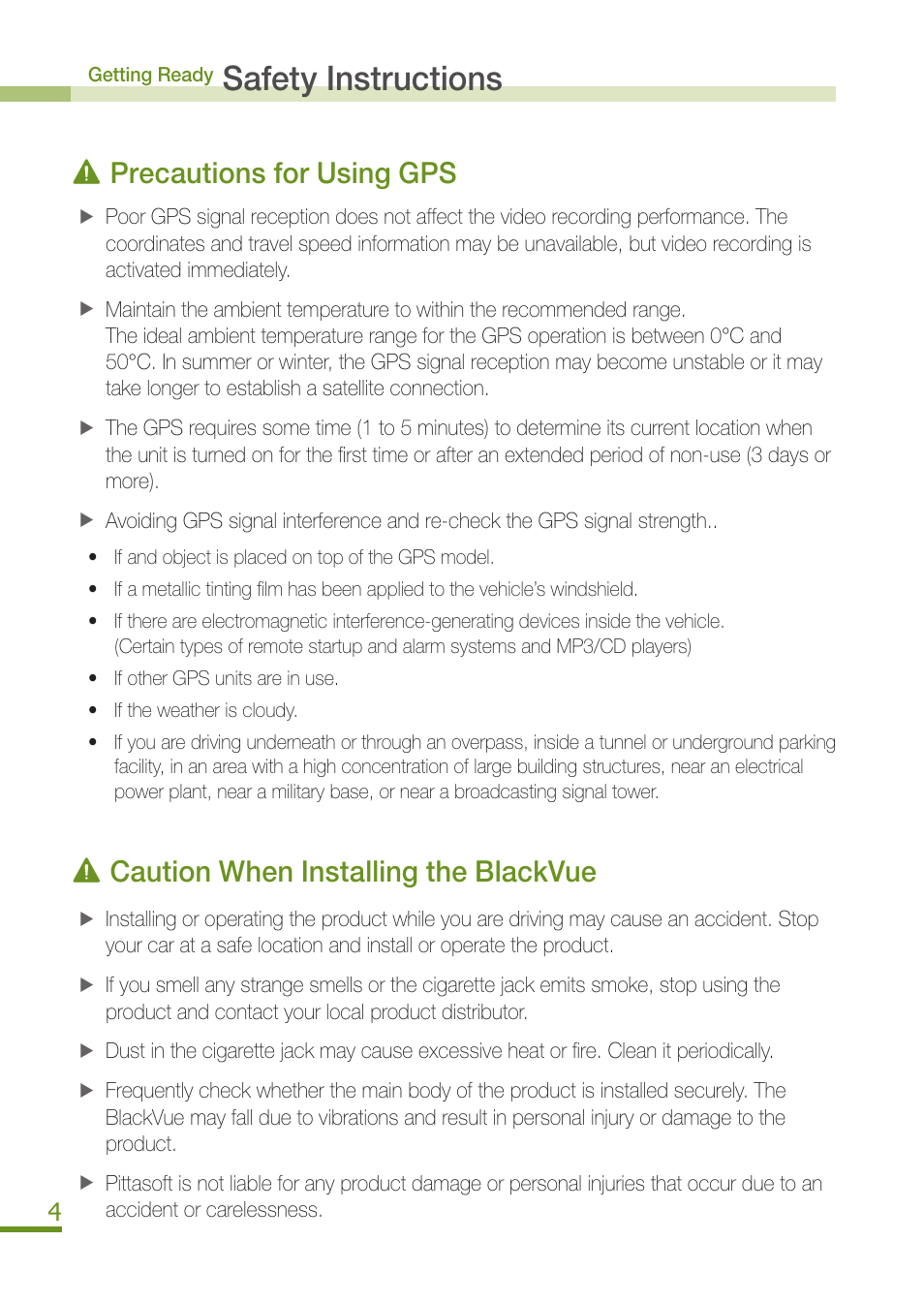 Safety instructions, Precautions for using gps, Caution when installing the blackvue | BlackVue DR300G User Manual | Page 6 / 36