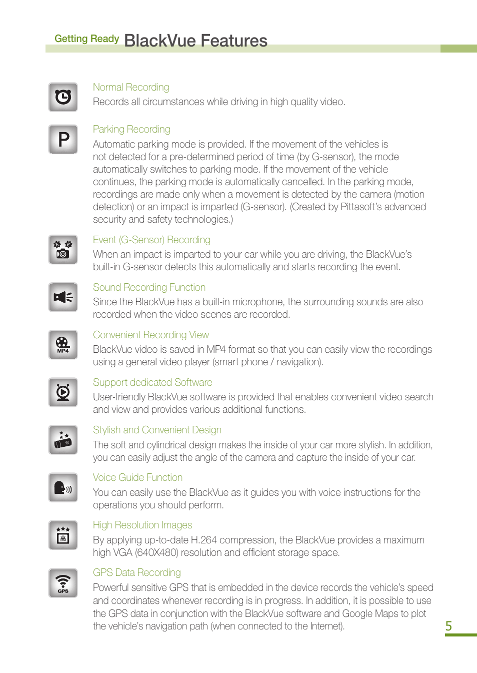 Blackvue features, Checking the blackvue package content | BlackVue DR300G User Manual | Page 7 / 36