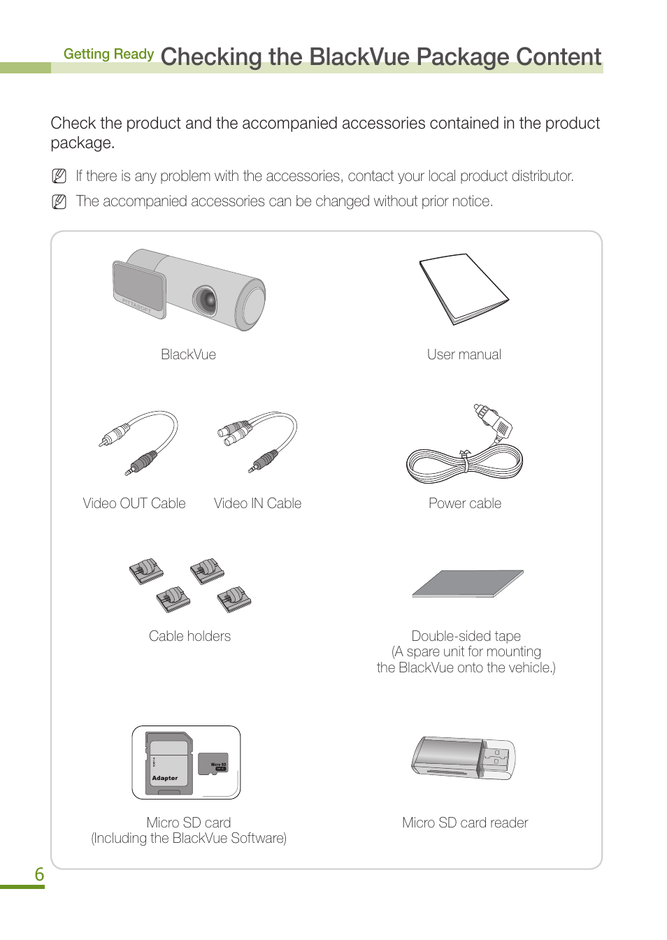 Checking the blackvue package content | BlackVue DR300G User Manual | Page 8 / 36