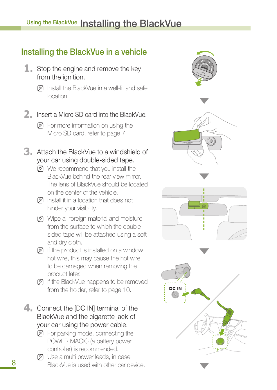 Installing the blackvue, Installing the blackvue in a vehicle | BlackVue DR350 User Manual | Page 10 / 32
