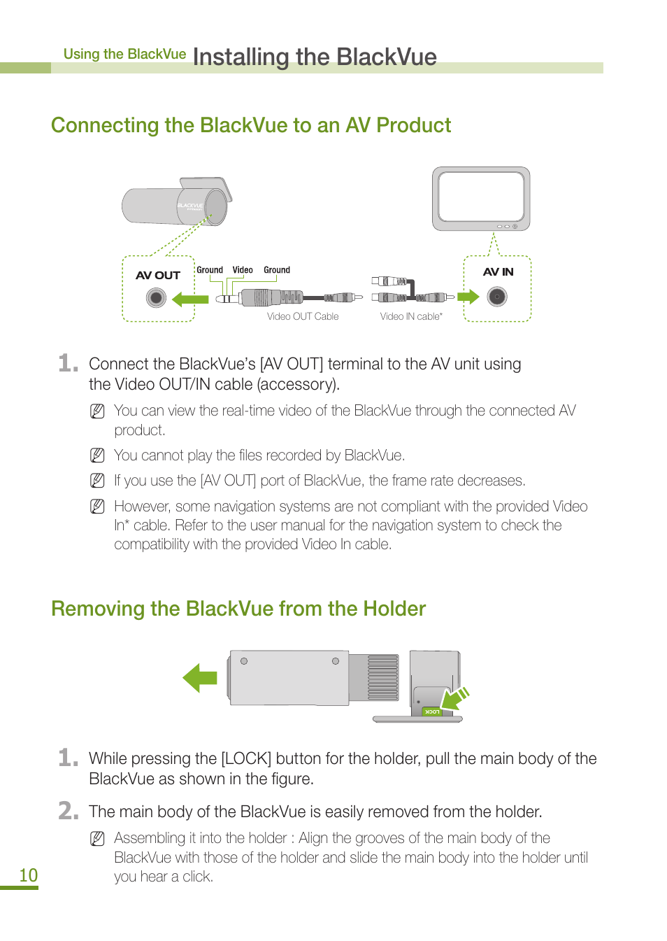 Installing the blackvue, Connecting the blackvue to an av product, Removing the blackvue from the holder | BlackVue DR350 User Manual | Page 12 / 32