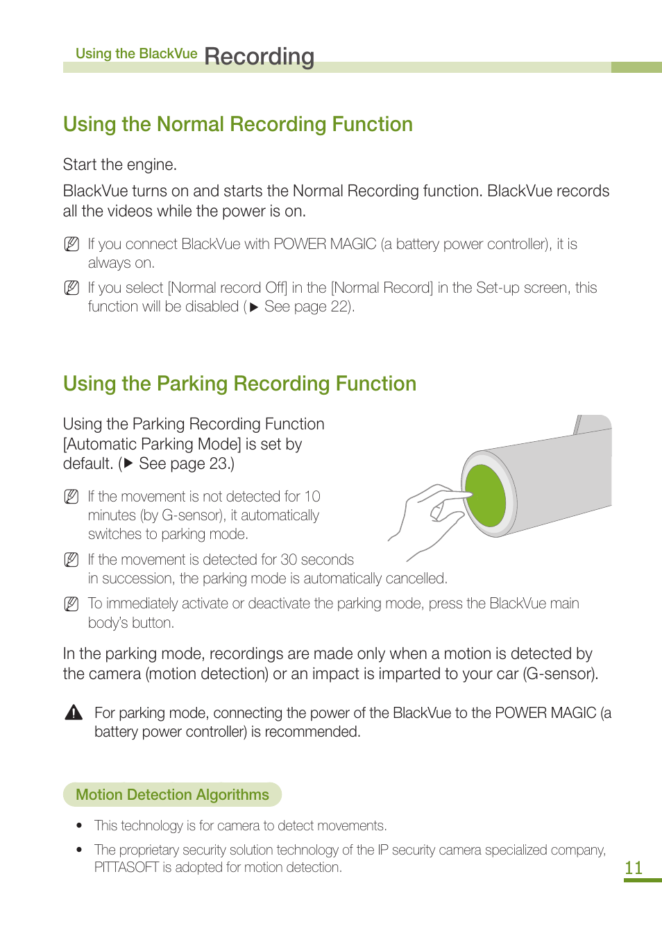 Recording, Using the normal recording function, Using the parking recording function | BlackVue DR350 User Manual | Page 13 / 32