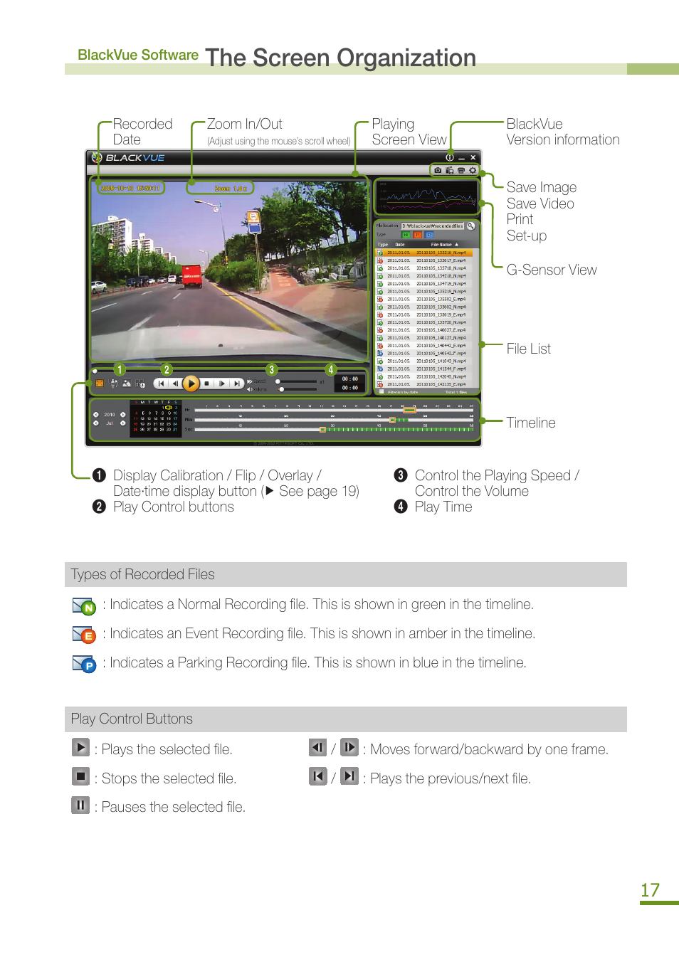 The screen organization, Playing a recorded file | BlackVue DR350 User Manual | Page 19 / 32