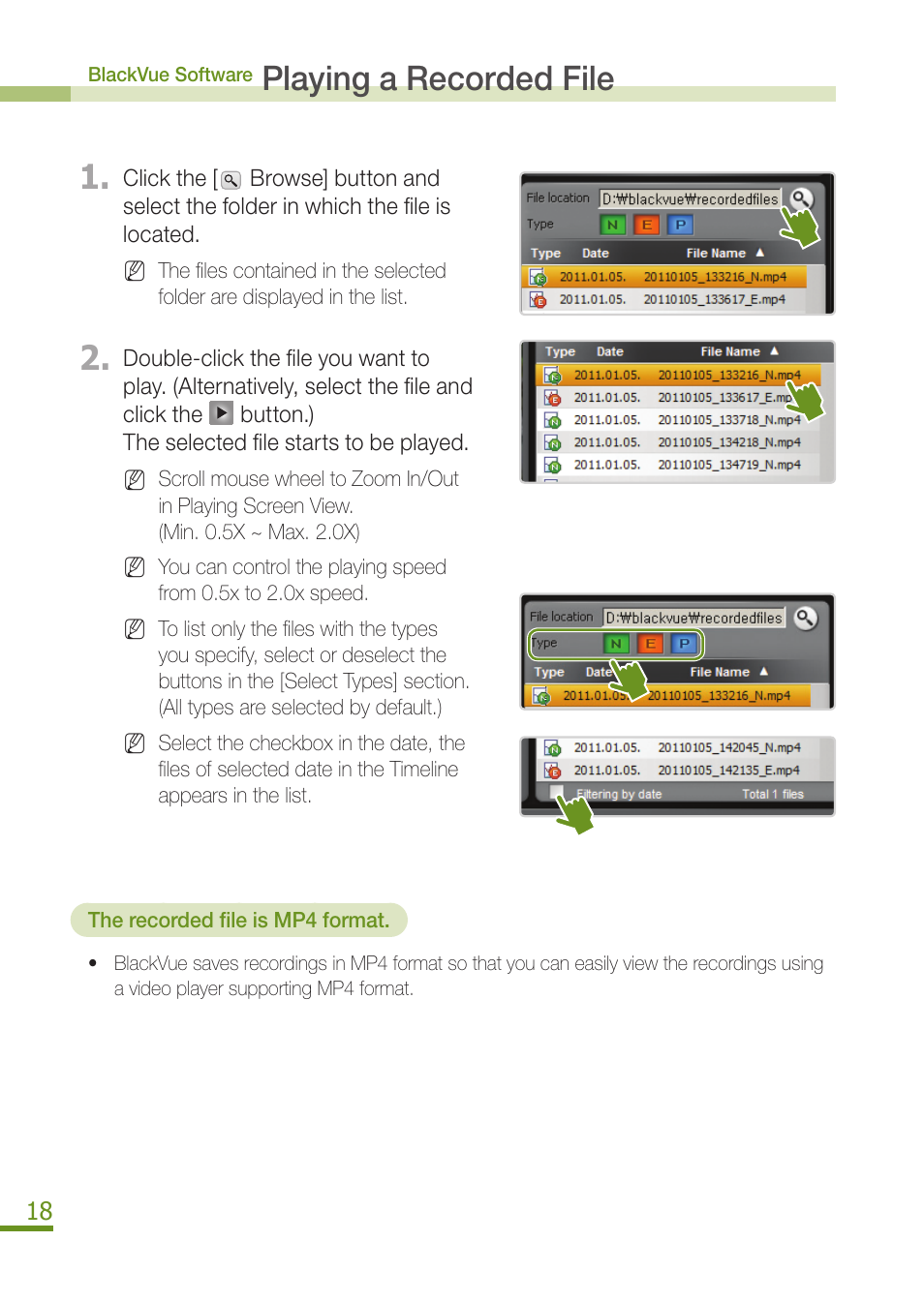 Playing a recorded file 1 | BlackVue DR350 User Manual | Page 20 / 32