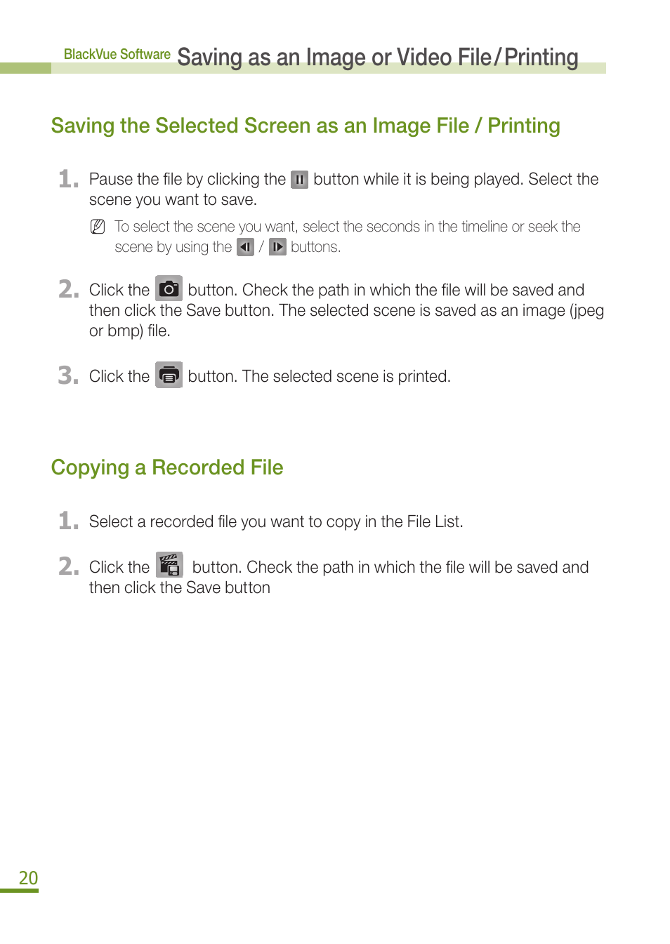 Saving as an image or video file / printing | BlackVue DR350 User Manual | Page 22 / 32