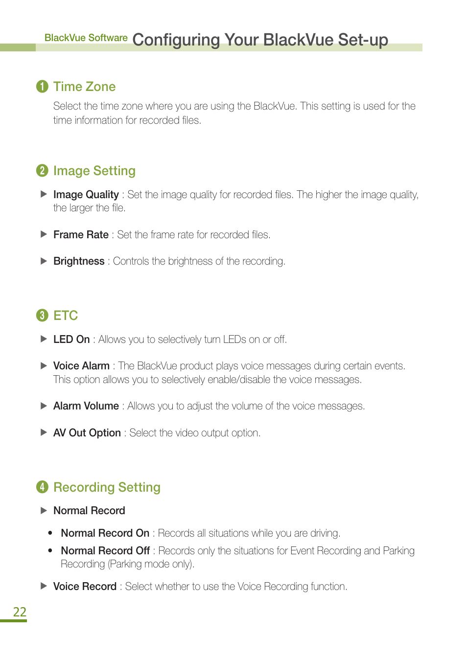 Configuring your blackvue set-up, 1time zone, 2image setting | 3etc, 4recording setting | BlackVue DR350 User Manual | Page 24 / 32