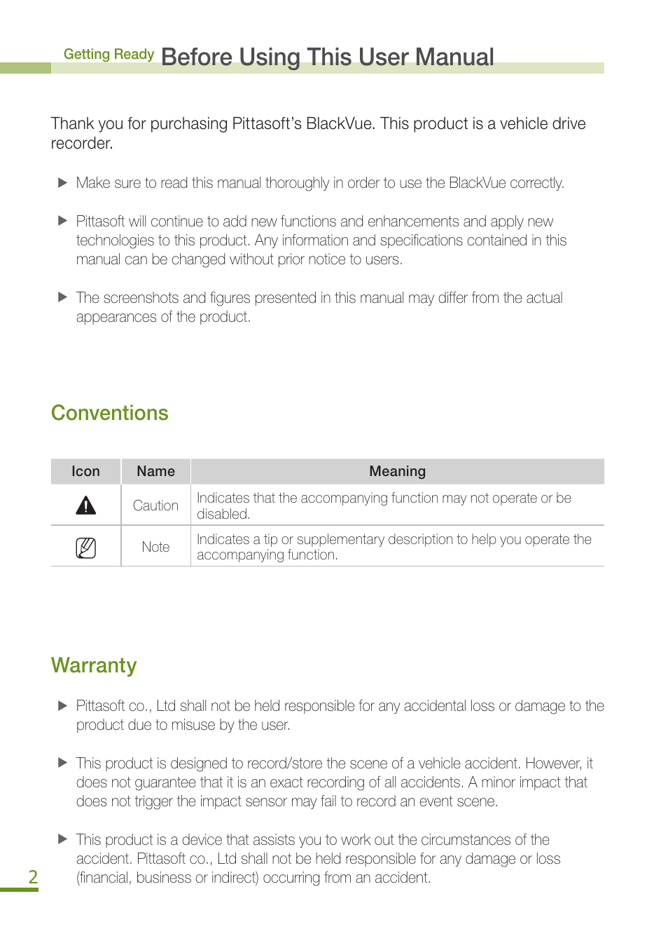 Before using this user manual, Conventions, Warranty | BlackVue DR350 User Manual | Page 4 / 32