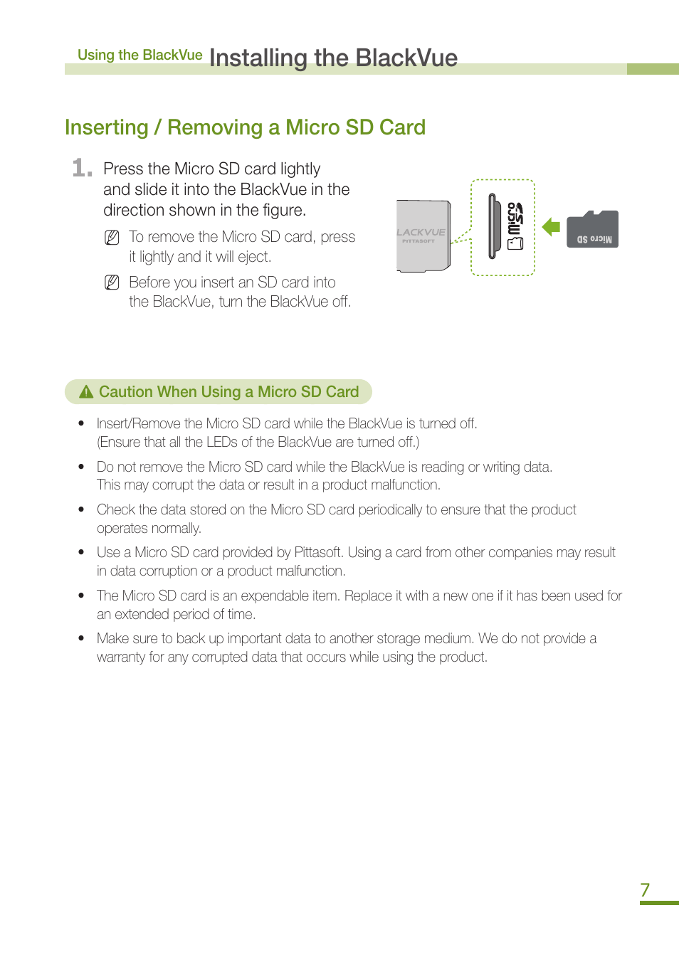 Using the blackvue, Installing the blackvue, Inserting / removing a micro sd card | BlackVue DR350 User Manual | Page 9 / 32