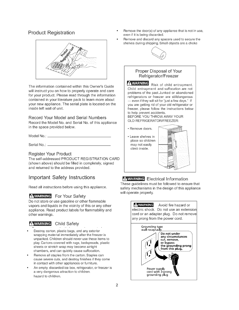 Product registration, Register your product, Proper disposal of your refrigerator/freezer | For your safety, Electrical information, Child safety, Electrical information -3, Important safety instructions | Arctic Air Refrigerator User Manual | Page 2 / 13