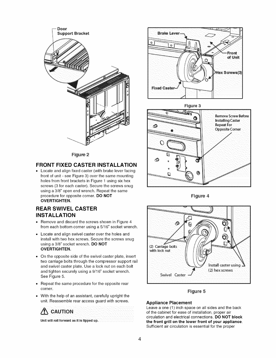 Front fixed caster installation, Rear swivel caster installation, Appliance placement | Arctic Air 297283501 User Manual | Page 4 / 11