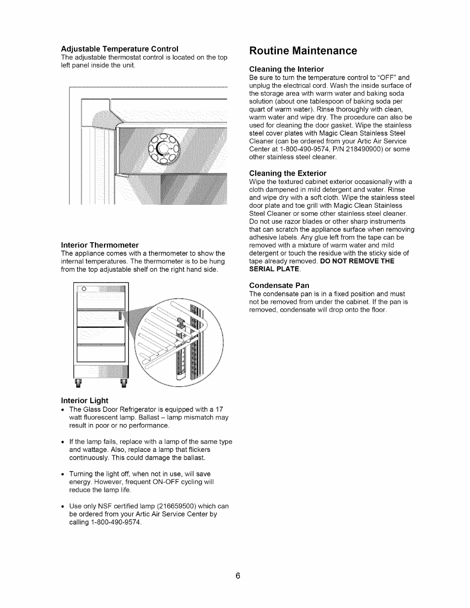 Routine maintenance, Cleaning the interior, Cleaning the exterior | Condensate pan, Interior light | Arctic Air 297283501 User Manual | Page 6 / 11