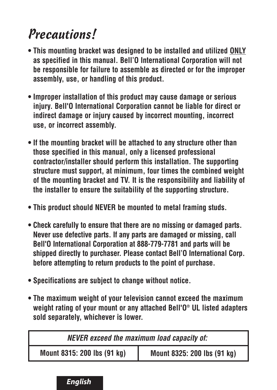 Precautions | Bell'O 8325 User Manual | Page 3 / 20