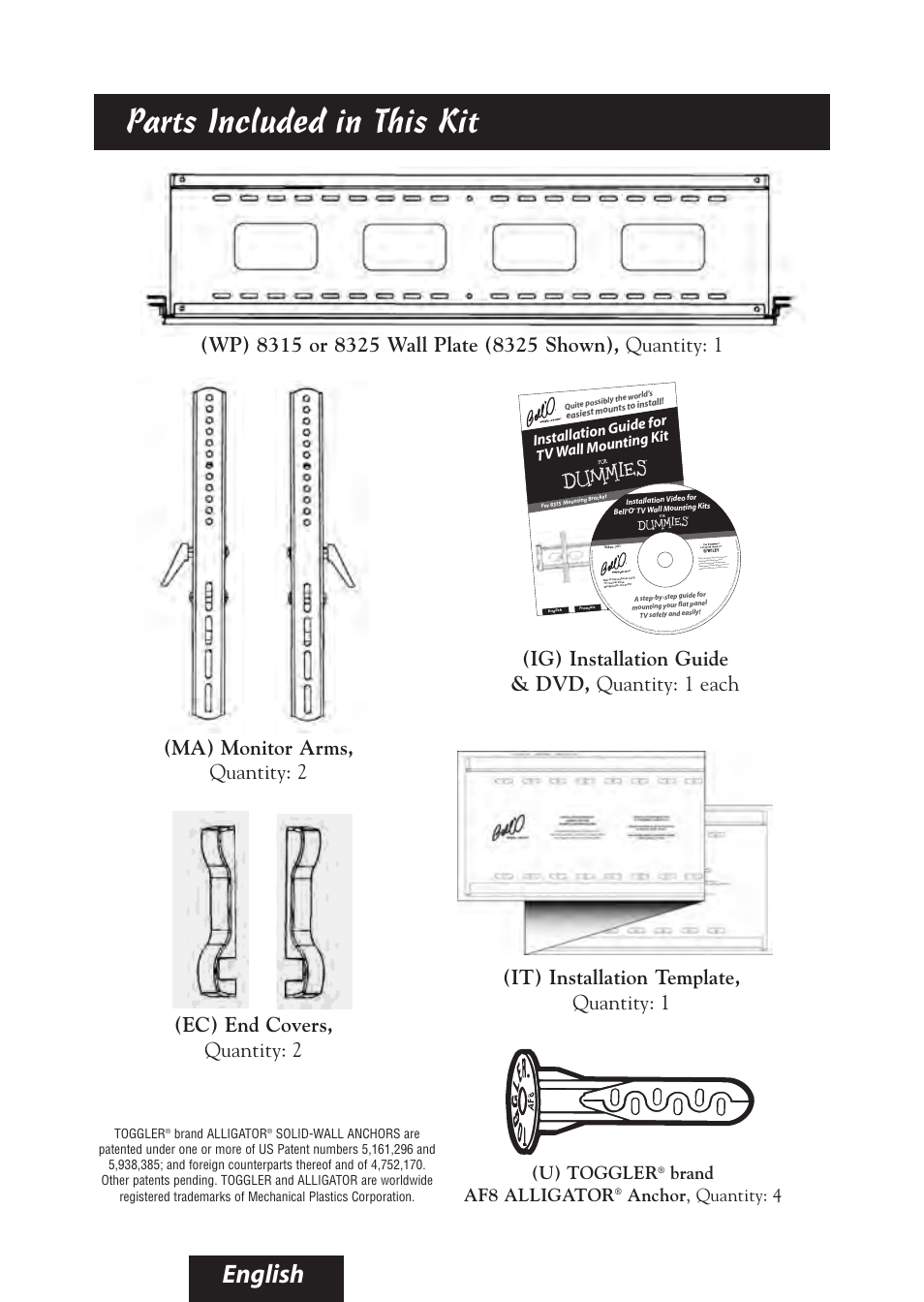 Parts included in this kit, English, Ma) monitor arms, quantity: 2 | Ec) end covers, quantity: 2, U) toggler, Brand af8 alligator, Anchor , quantity: 4, Installat ion guid e for tv wall mountin g kit, Toggler, Brand alligator | Bell'O 8325 User Manual | Page 4 / 20
