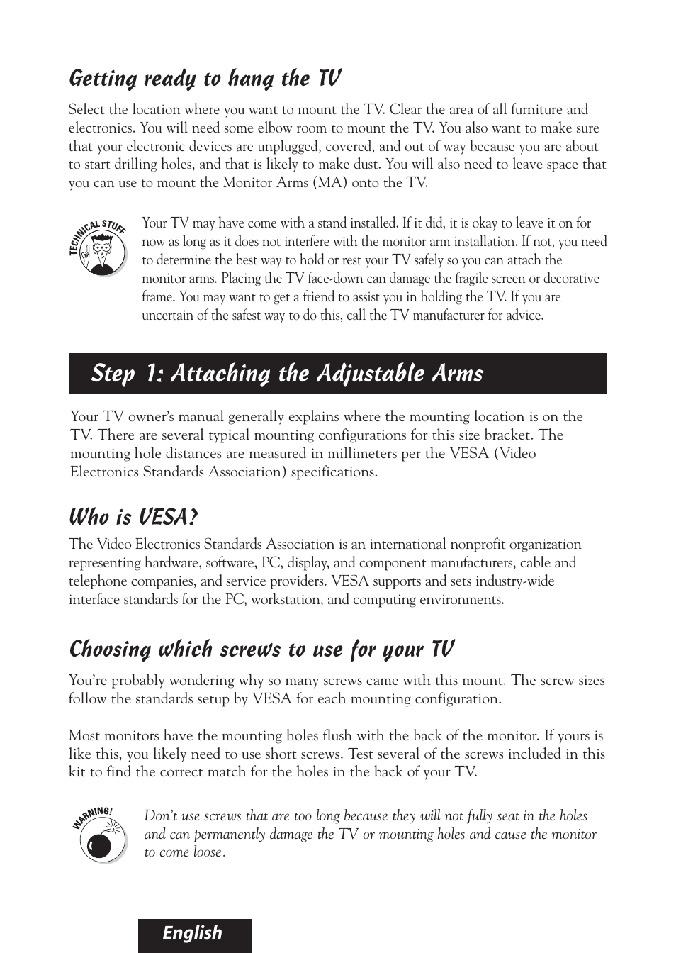 Step 1: attaching the adjustable arms, Getting ready to hang the tv, Who is vesa | Choosing which screws to use for your tv | Bell'O 8325 User Manual | Page 7 / 20