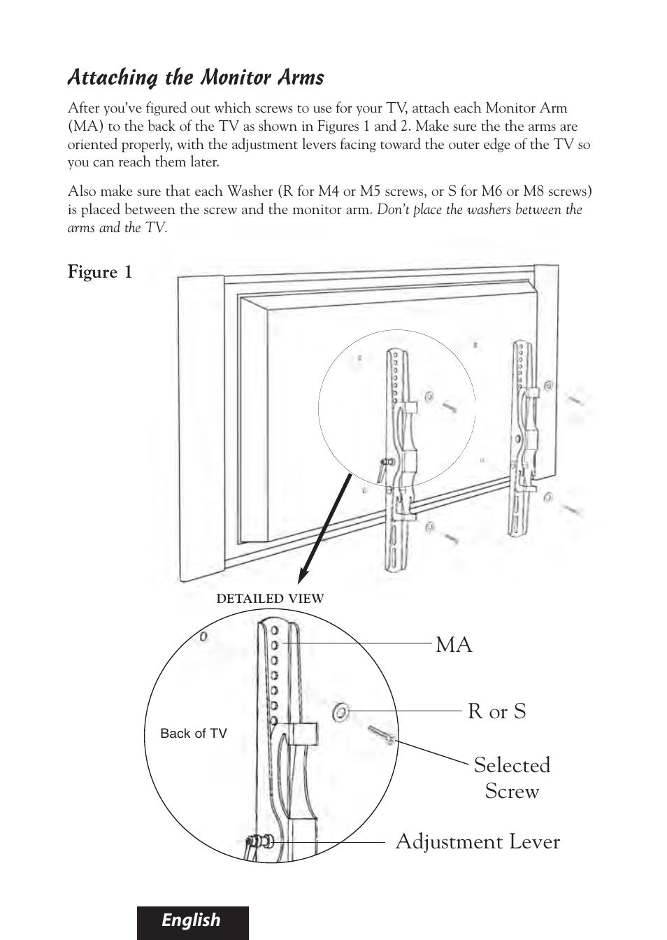 Attaching the monitor arms, R or s selected screw adjustment lever | Bell'O 8325 User Manual | Page 8 / 20