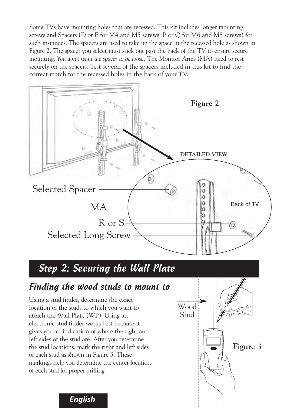 Step 2: securing the wall plate, R or s selected long screw ma selected spacer, Finding the wood studs to mount to | Bell'O 8325 User Manual | Page 9 / 20