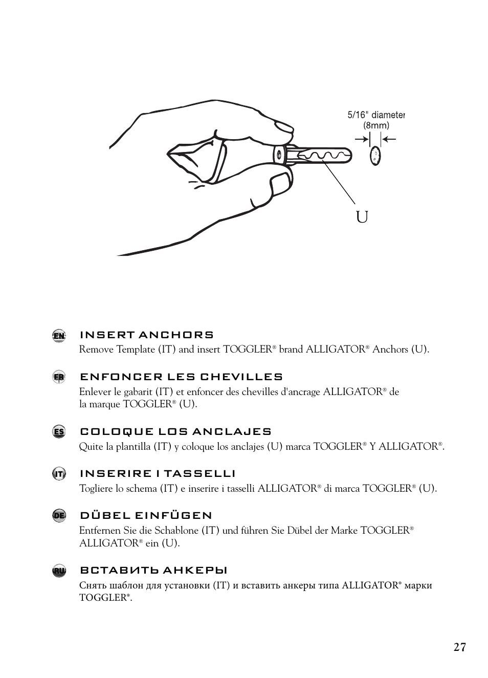 Insert anchors, Enfoncer les chevilles, Coloque los anclajes | Inserire i tasselli, Dübel einfügen, Вставить анкеры | Bell'O 7610 User Manual | Page 27 / 44