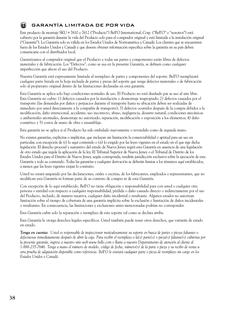 38 garantía limitada de por vida | Bell'O 7610 User Manual | Page 38 / 44