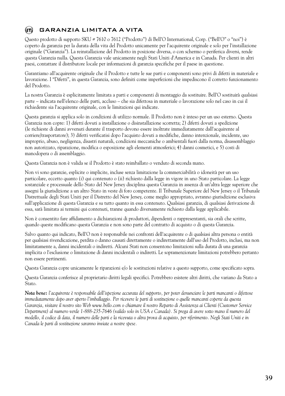 39 garanzia limitata a vita | Bell'O 7610 User Manual | Page 39 / 44
